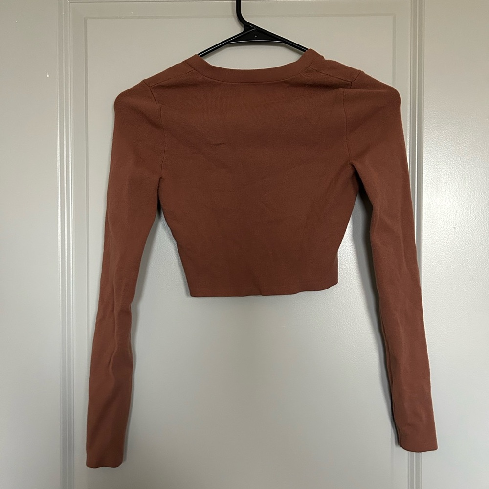Sunday Best Cropped Long Sleeve Cardigan in Chestnut Brown - Picture 4 of 5